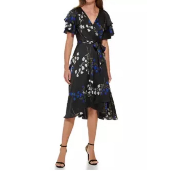 DKNY dress with flutter sleeves deep V neck black blue white floral print sz 16 - Picture 5 of 13